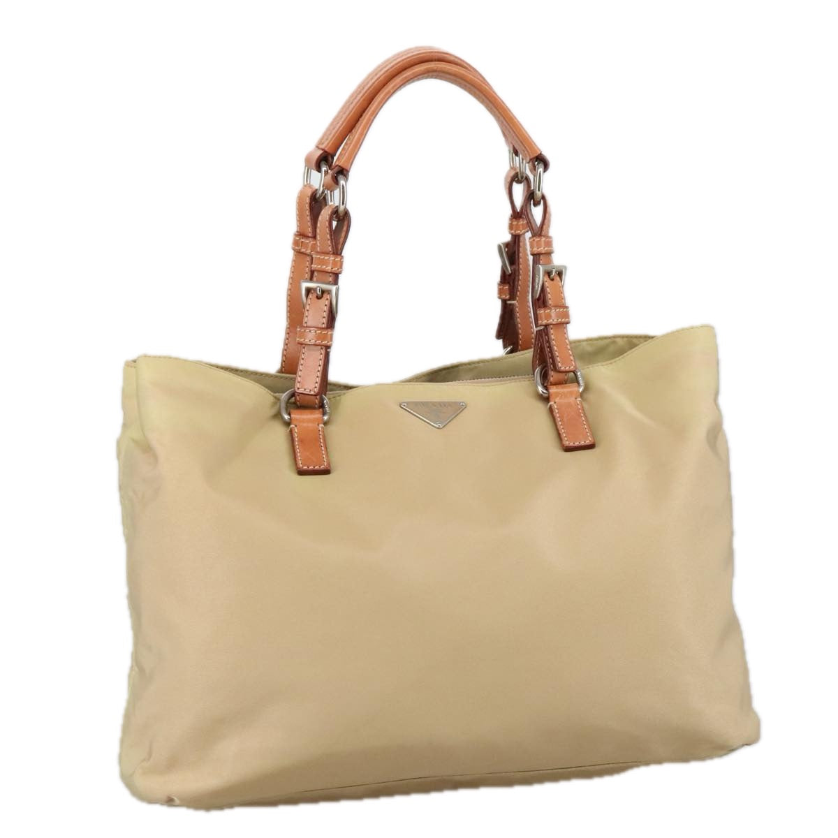 PRADA Tote Bag Nylon Beige Silver Auth 105105