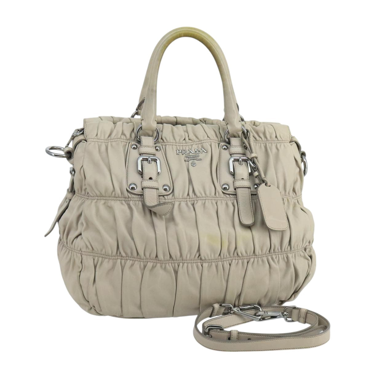 PRADA Hand Bag Leather 2way Beige Silver Auth 105240