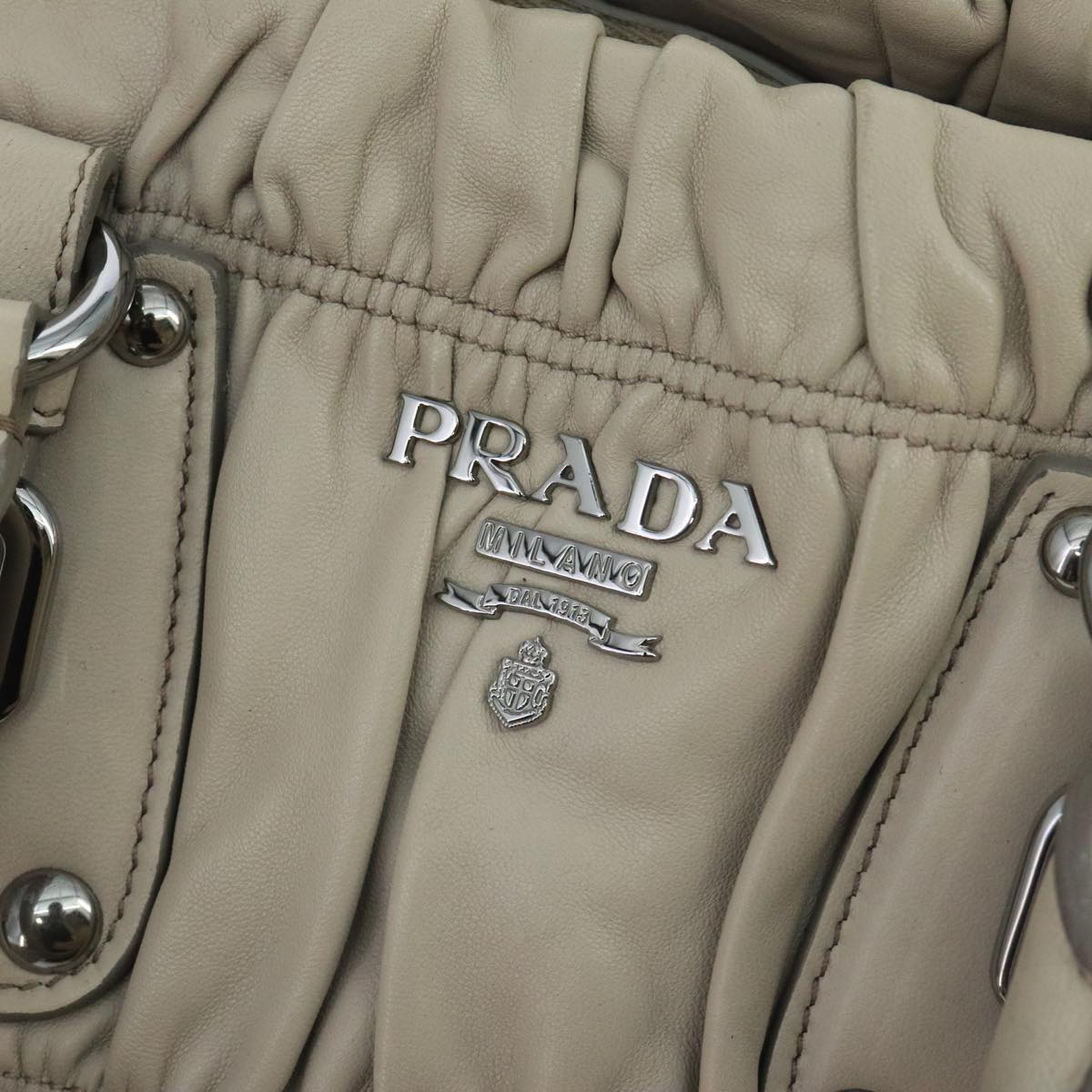 PRADA Hand Bag Leather 2way Beige Silver Auth 105240