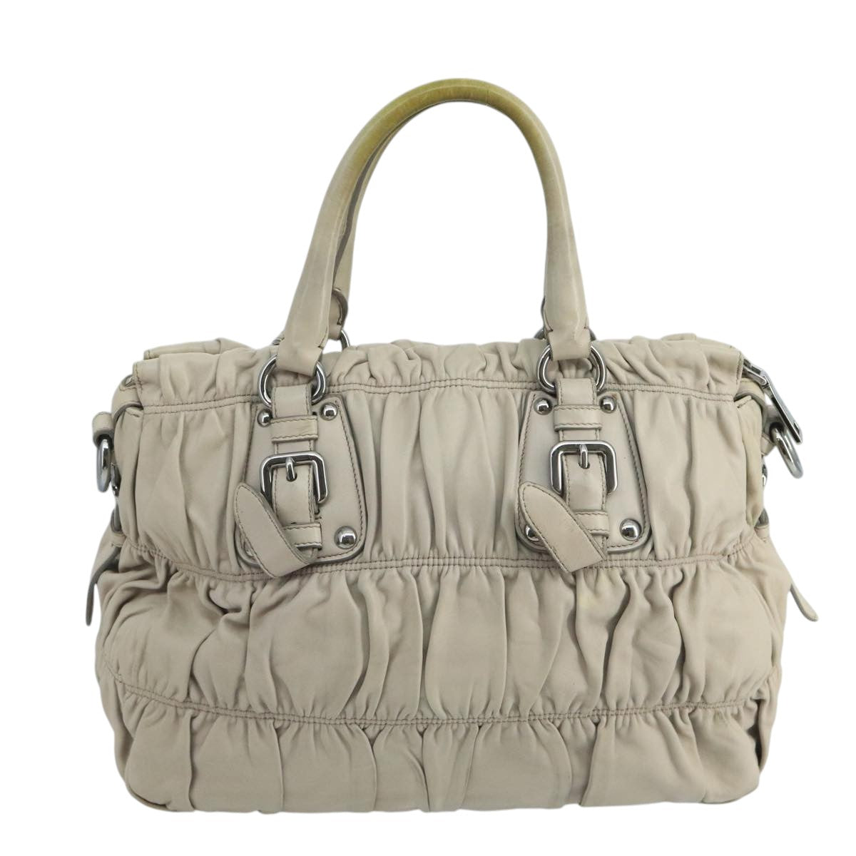 PRADA Hand Bag Leather 2way Beige Silver Auth 105240