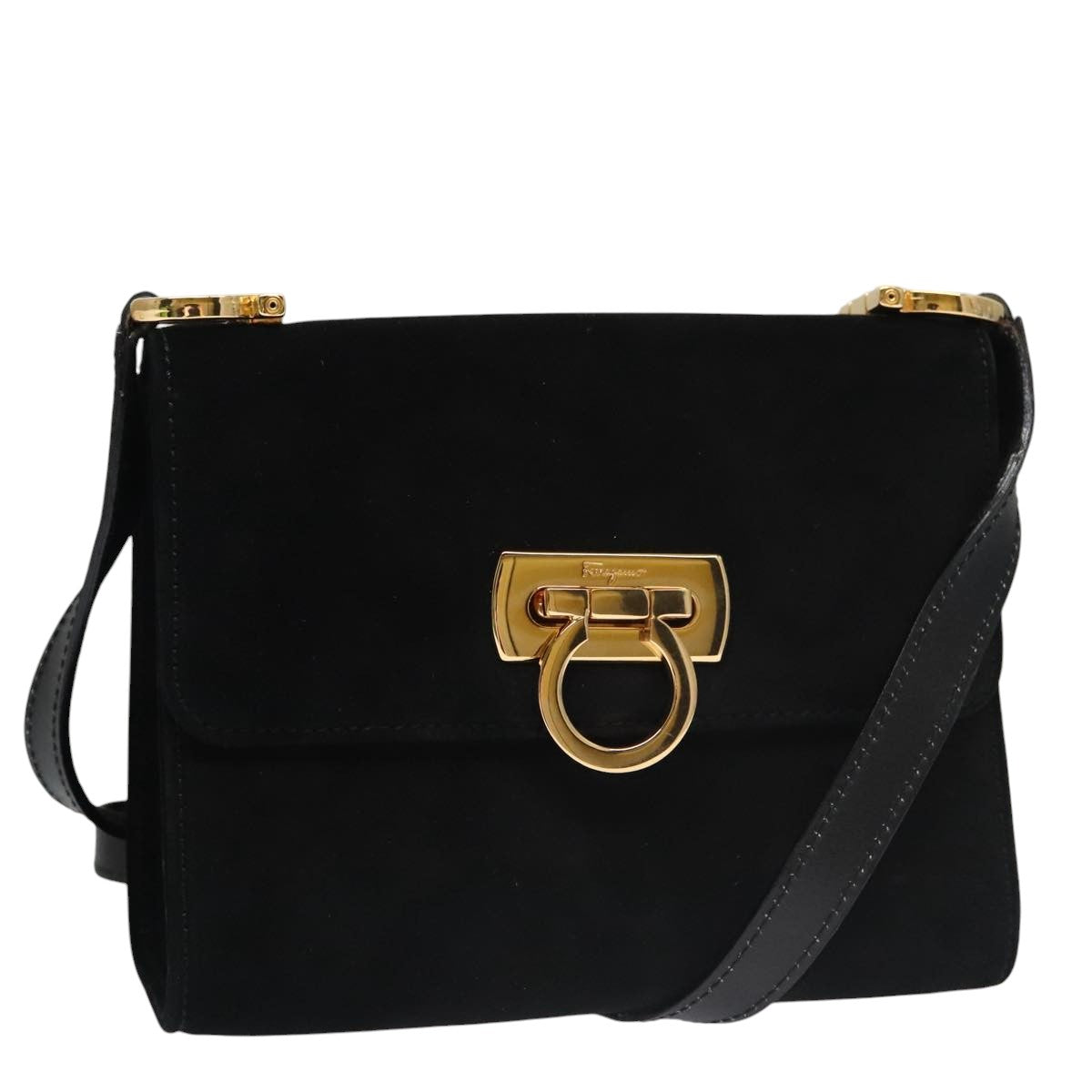 Salvatore Ferragamo Gancini Shoulder Bag Suede Black Gold Auth 105249