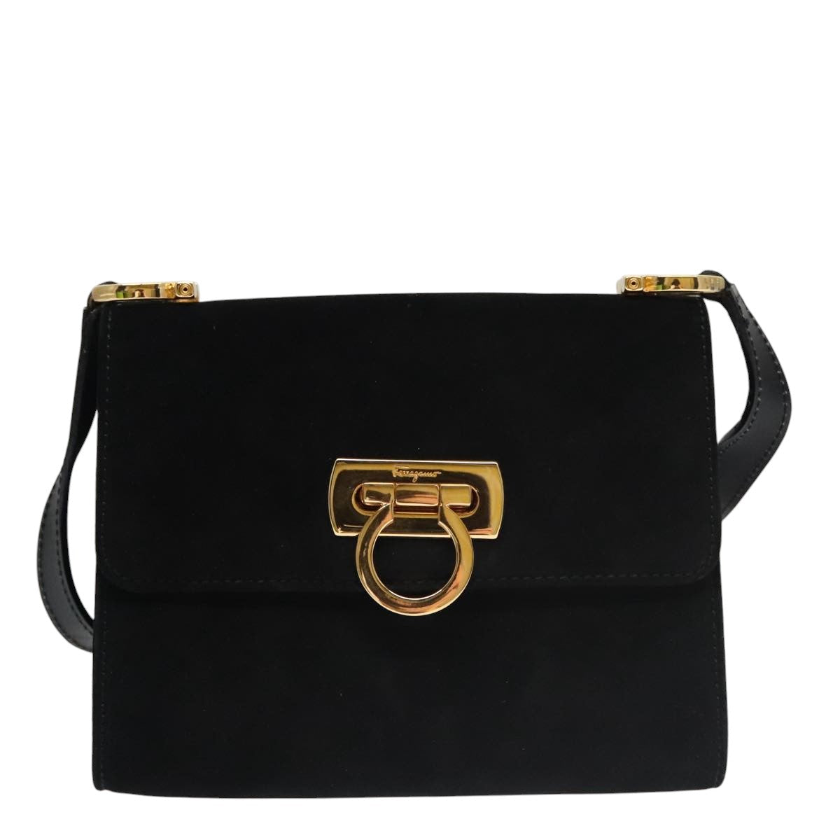 Salvatore Ferragamo Gancini Shoulder Bag Suede Black Gold Auth 105249