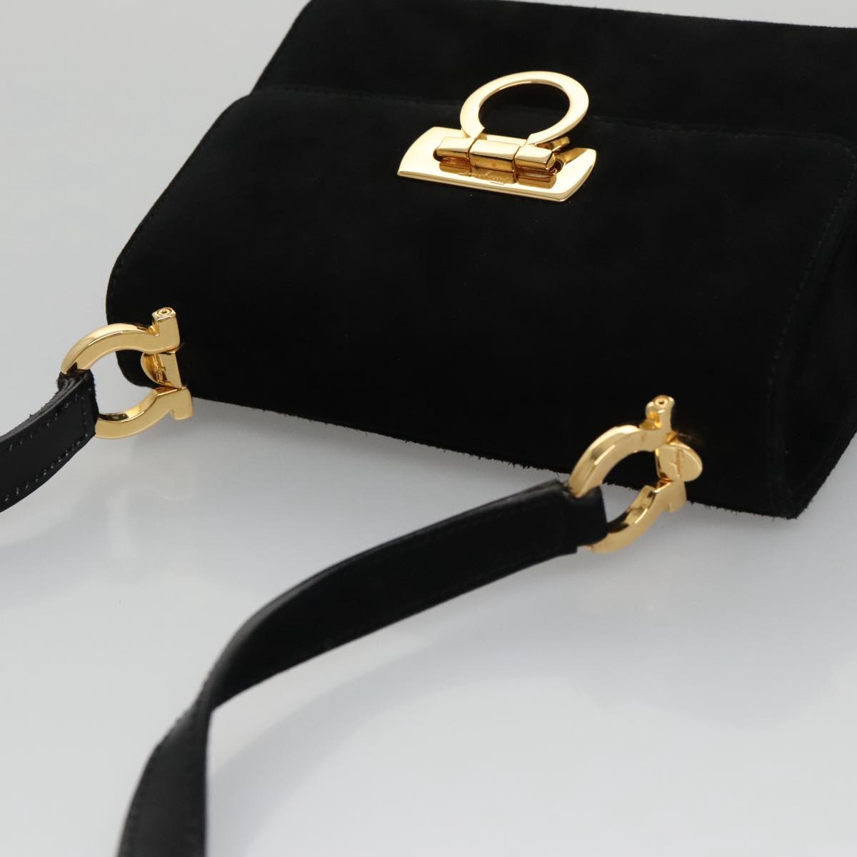 Salvatore Ferragamo Gancini Shoulder Bag Suede Black Gold Auth 105249