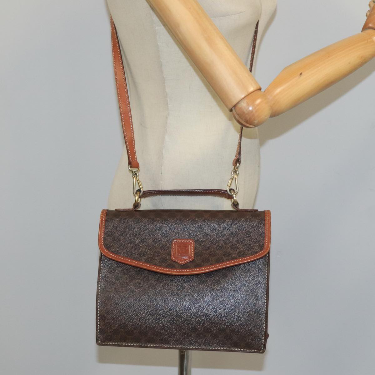 CELINE Macadam Canvas Hand Bag PVC Leather 2way Brown Gold Auth 105267
