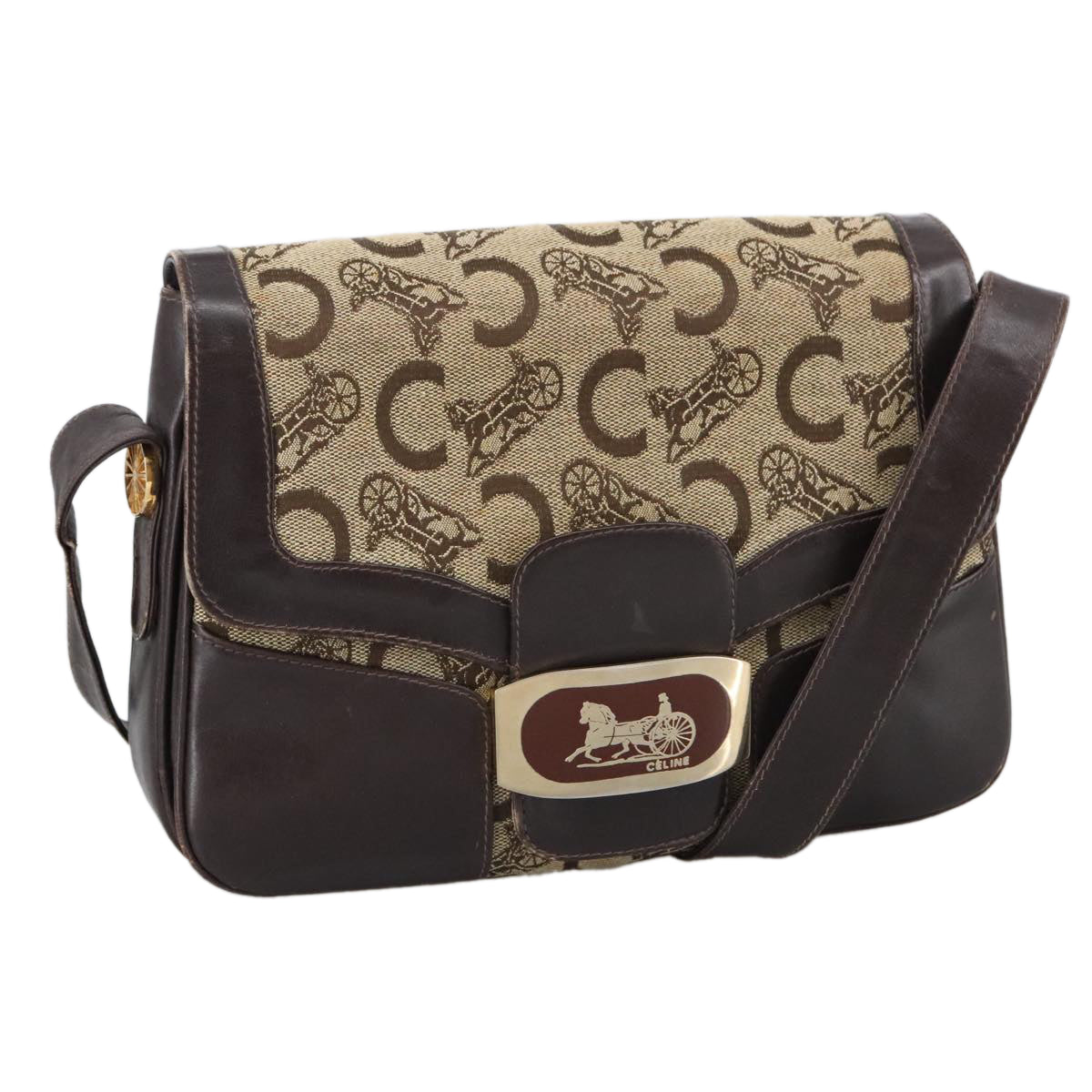 CELINE C Sulky Shoulder Bag Canvas Leather Beige Brown Gold Auth 105314