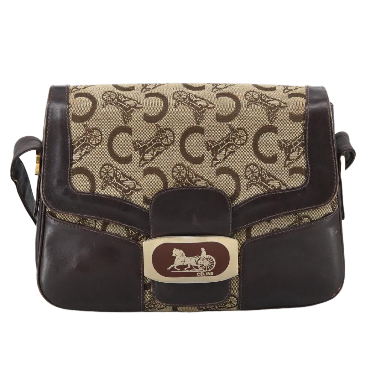 CELINE C Sulky Shoulder Bag Canvas Leather Beige Brown Gold Auth 105314