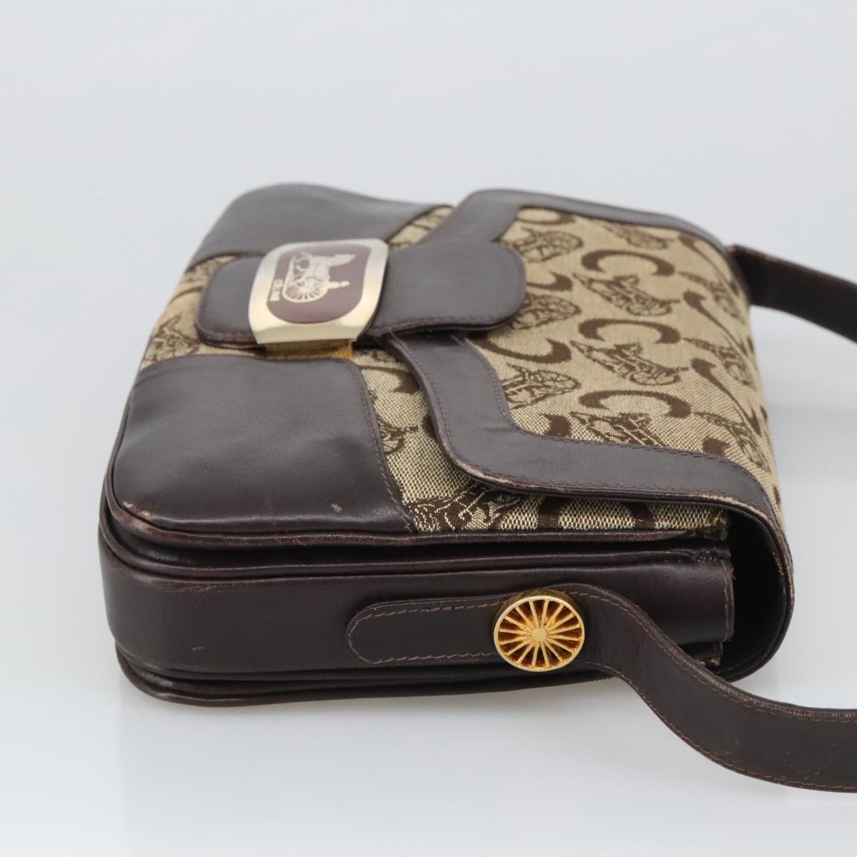 CELINE C Sulky Shoulder Bag Canvas Leather Beige Brown Gold Auth 105314