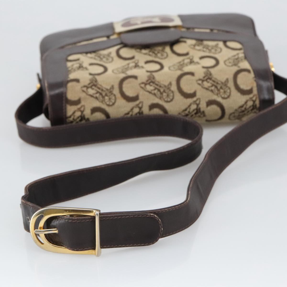 CELINE C Sulky Shoulder Bag Canvas Leather Beige Brown Gold Auth 105314