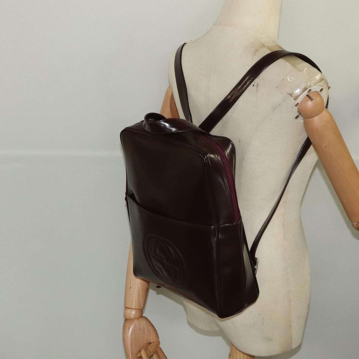 GUCCI Backpack Patent Leather Brown Silver Auth 105317