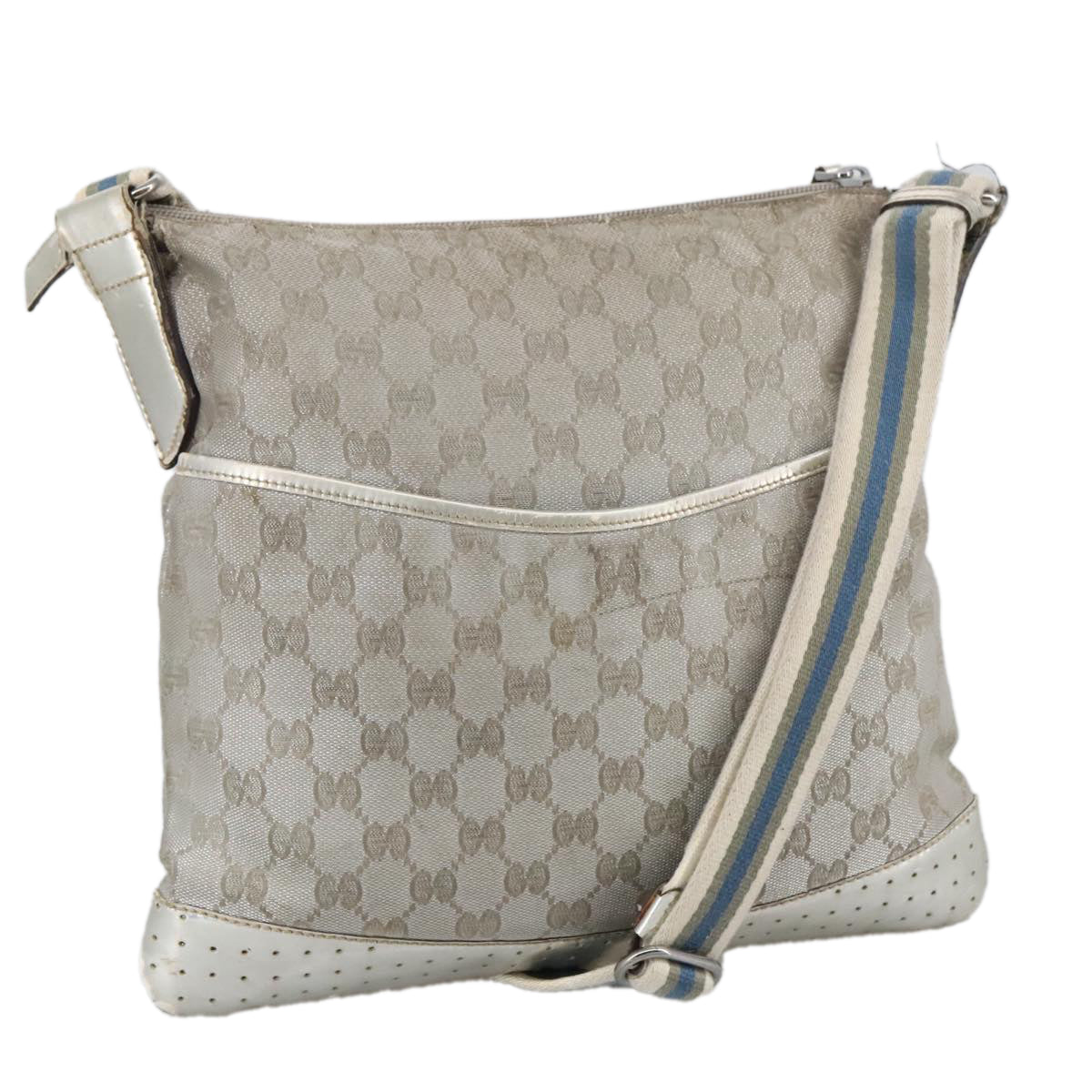 GUCCI GG Canvas Sherry Line Shoulder Bag Blue Silver gray 145857 Auth 105354