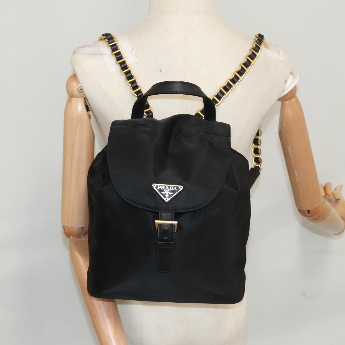 PRADA Chain Backpack Nylon Black Gold Auth 105370