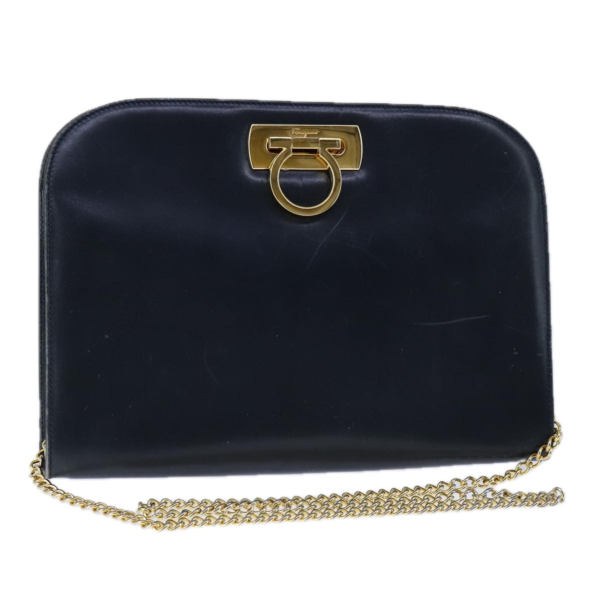 Salvatore Ferragamo Gancini Chain Shoulder Bag Leather Navy Gold Auth 105376
