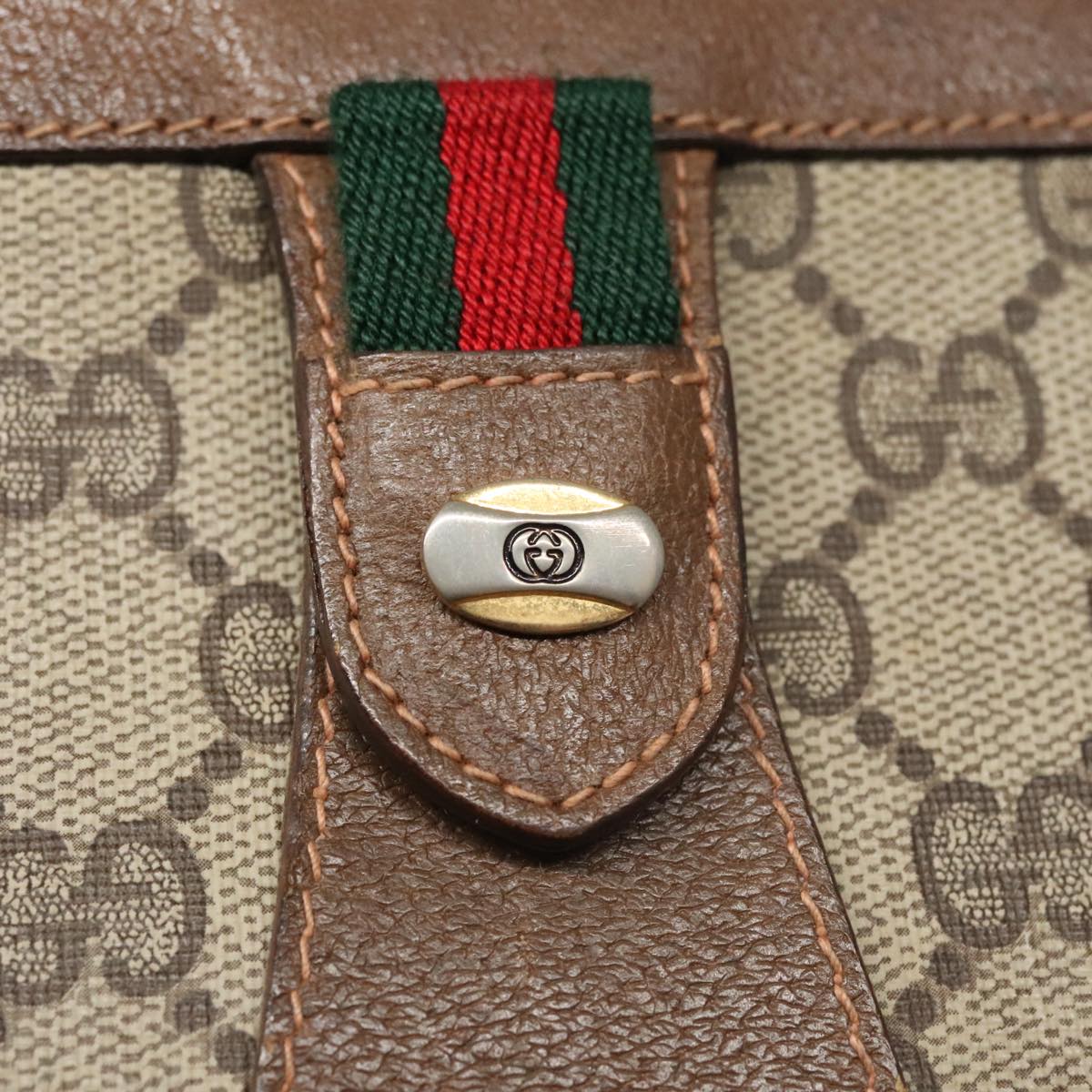 GUCCI GG Supreme Web Sherry Line Clutch Bag PVC Beige Green Red Auth 105381