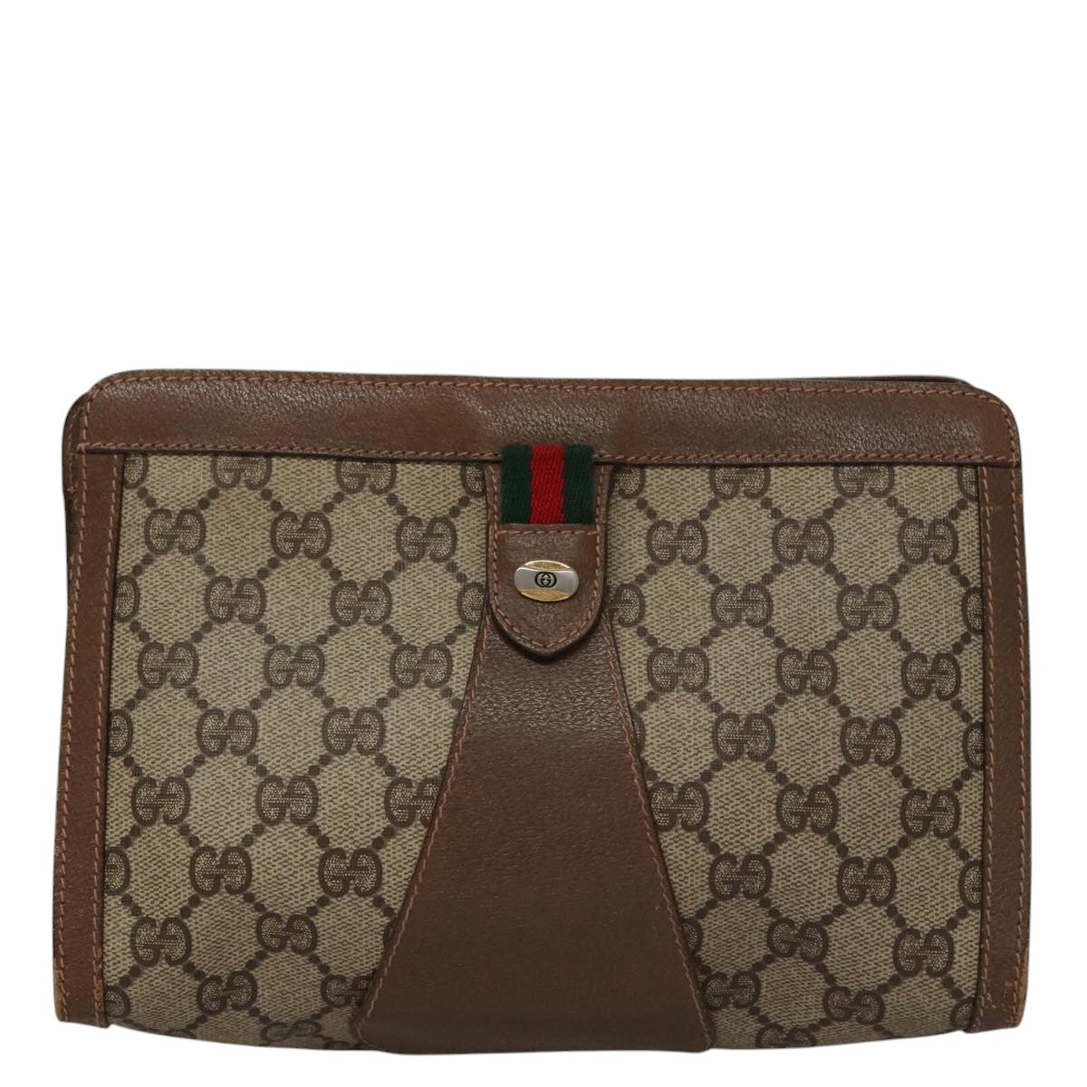 GUCCI GG Supreme Web Sherry Line Clutch Bag PVC Beige Green Red Auth 105381