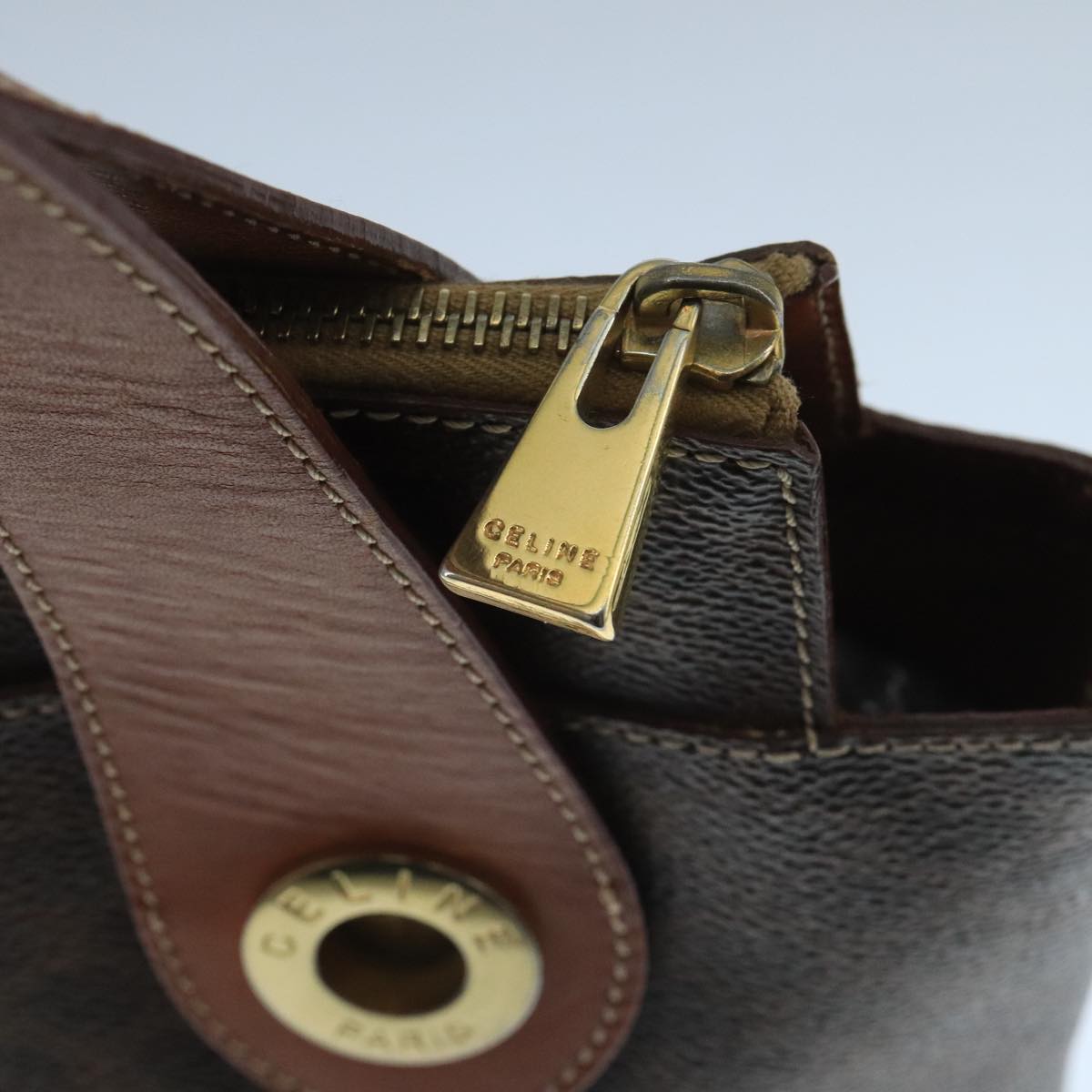 CELINE Macadam Canvas Hand Bag PVC Leather Brown Gold Auth 105491