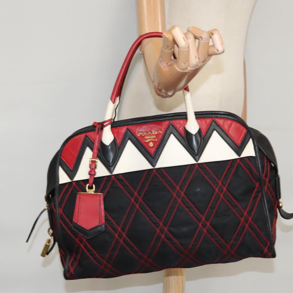 PRADA Hand Bag Nylon Black Red white Auth 105507V