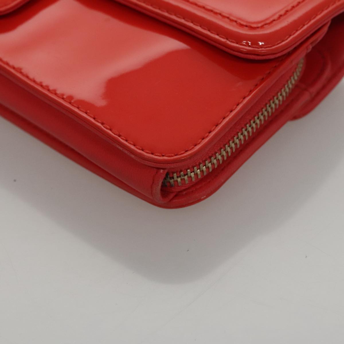 CHANEL Chain Second Bag Patent Leather Red Silver CC Auth 105697