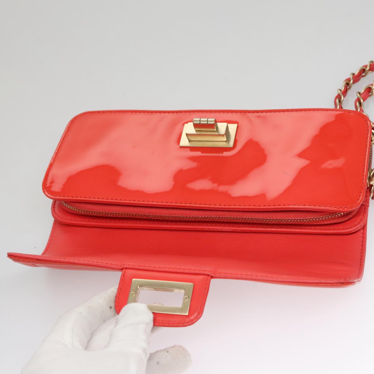CHANEL Chain Second Bag Patent Leather Red Silver CC Auth 105697