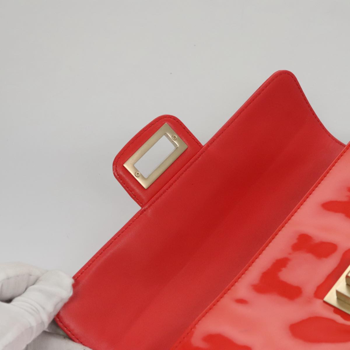 CHANEL Chain Second Bag Patent Leather Red Silver CC Auth 105697