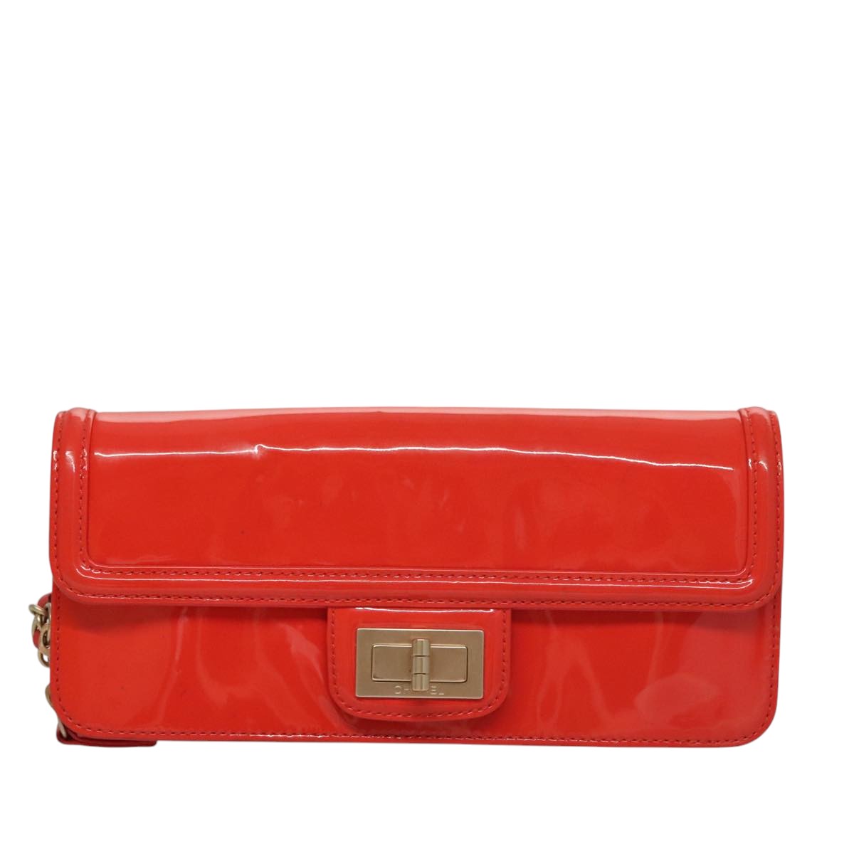 CHANEL Chain Second Bag Patent Leather Red Silver CC Auth 105697