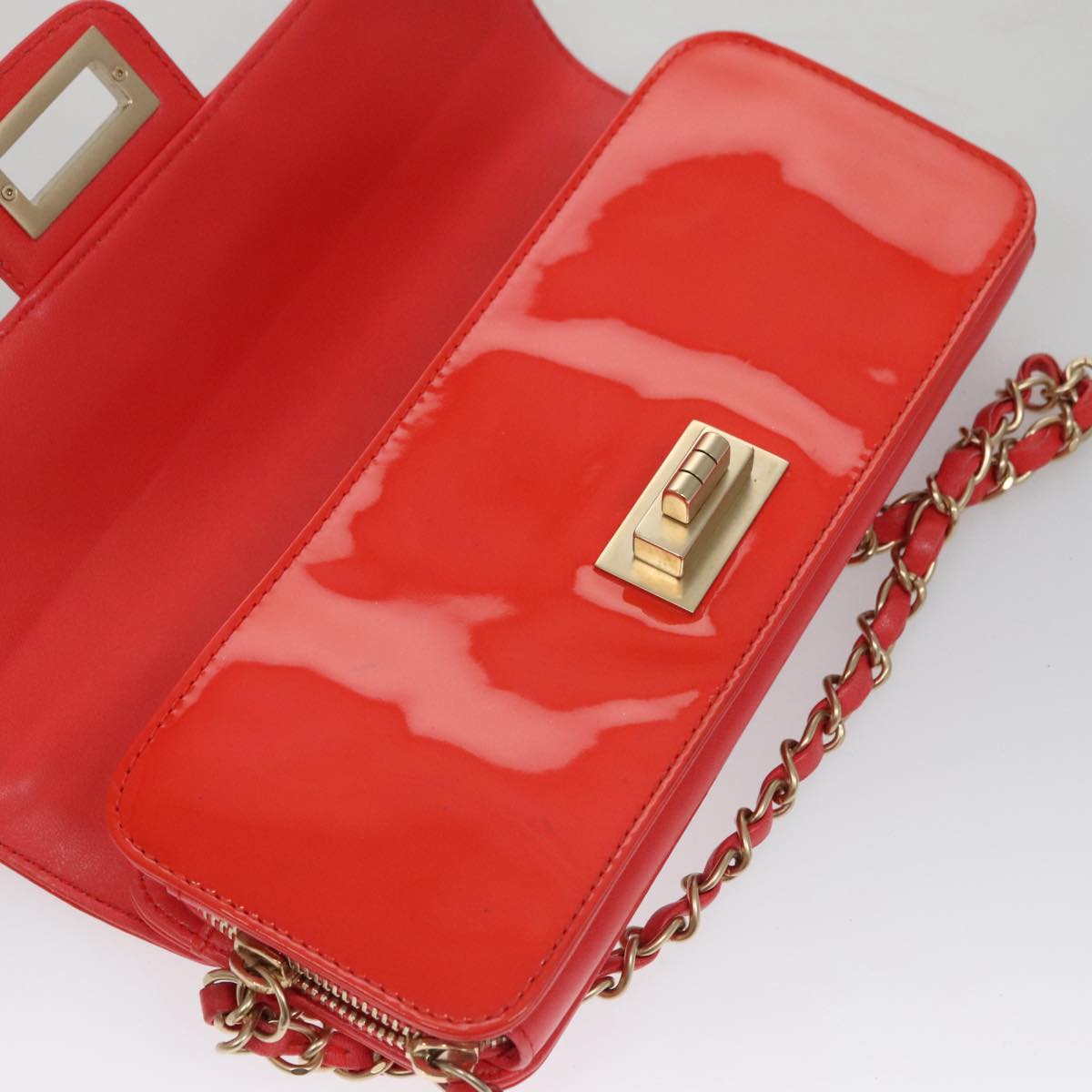 CHANEL Chain Second Bag Patent Leather Red Silver CC Auth 105697