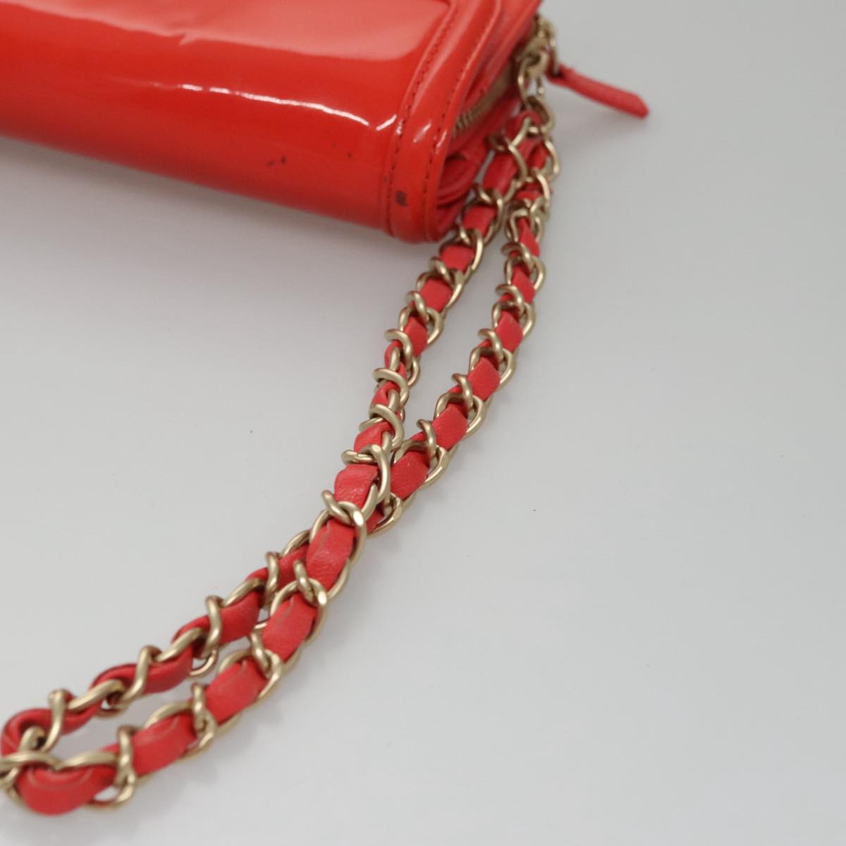 CHANEL Chain Second Bag Patent Leather Red Silver CC Auth 105697
