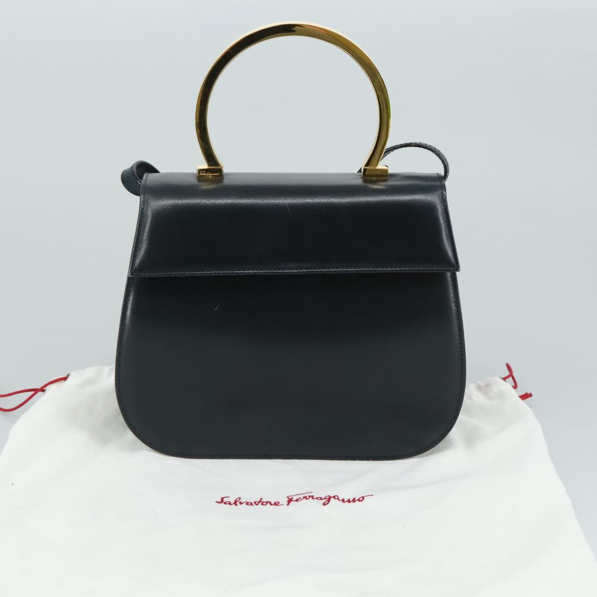 Salvatore Ferragamo Hand Bag Leather 2way Black Gold Auth 105702