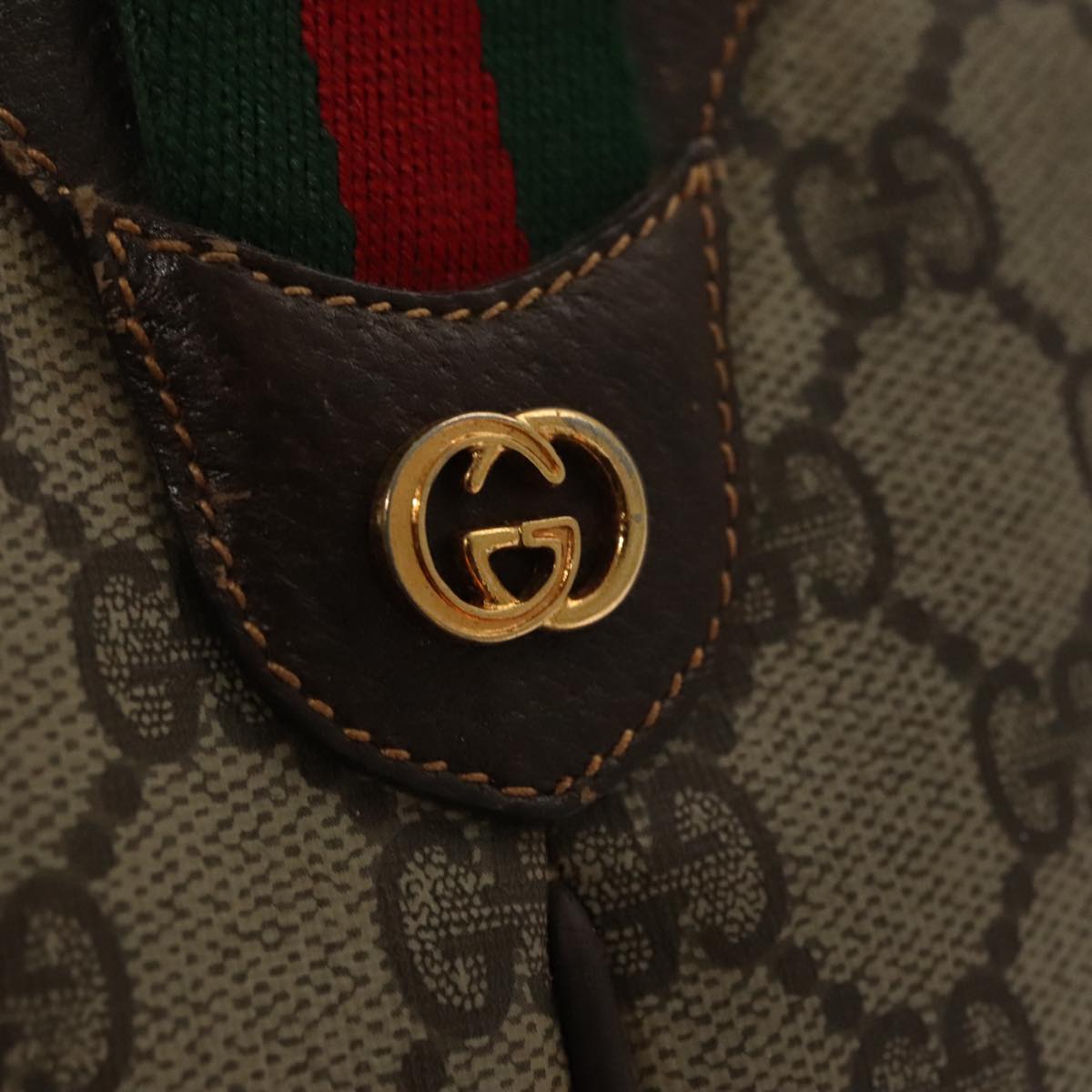 GUCCI Web Sherry Line GG Supreme Shoulder Bag PVC Beige Gold Auth 105717
