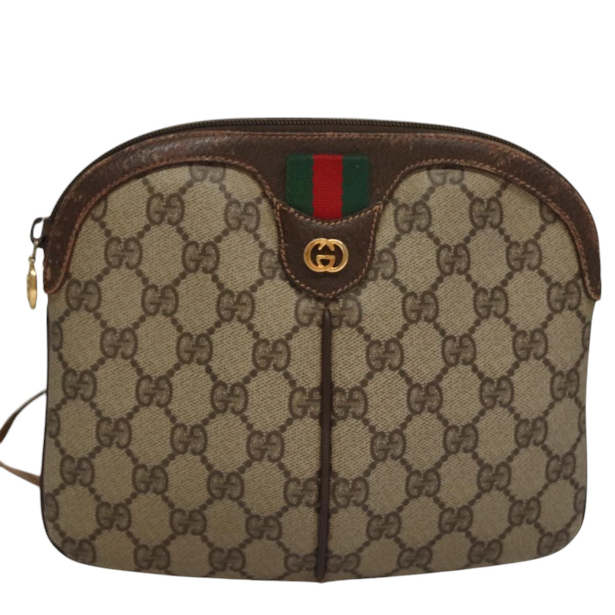 GUCCI Web Sherry Line GG Supreme Shoulder Bag PVC Beige Gold Auth 105717