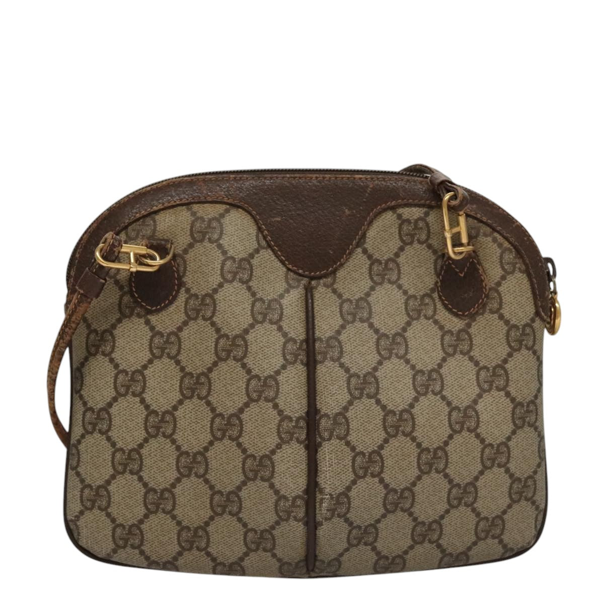 GUCCI Web Sherry Line GG Supreme Shoulder Bag PVC Beige Gold Auth 105717