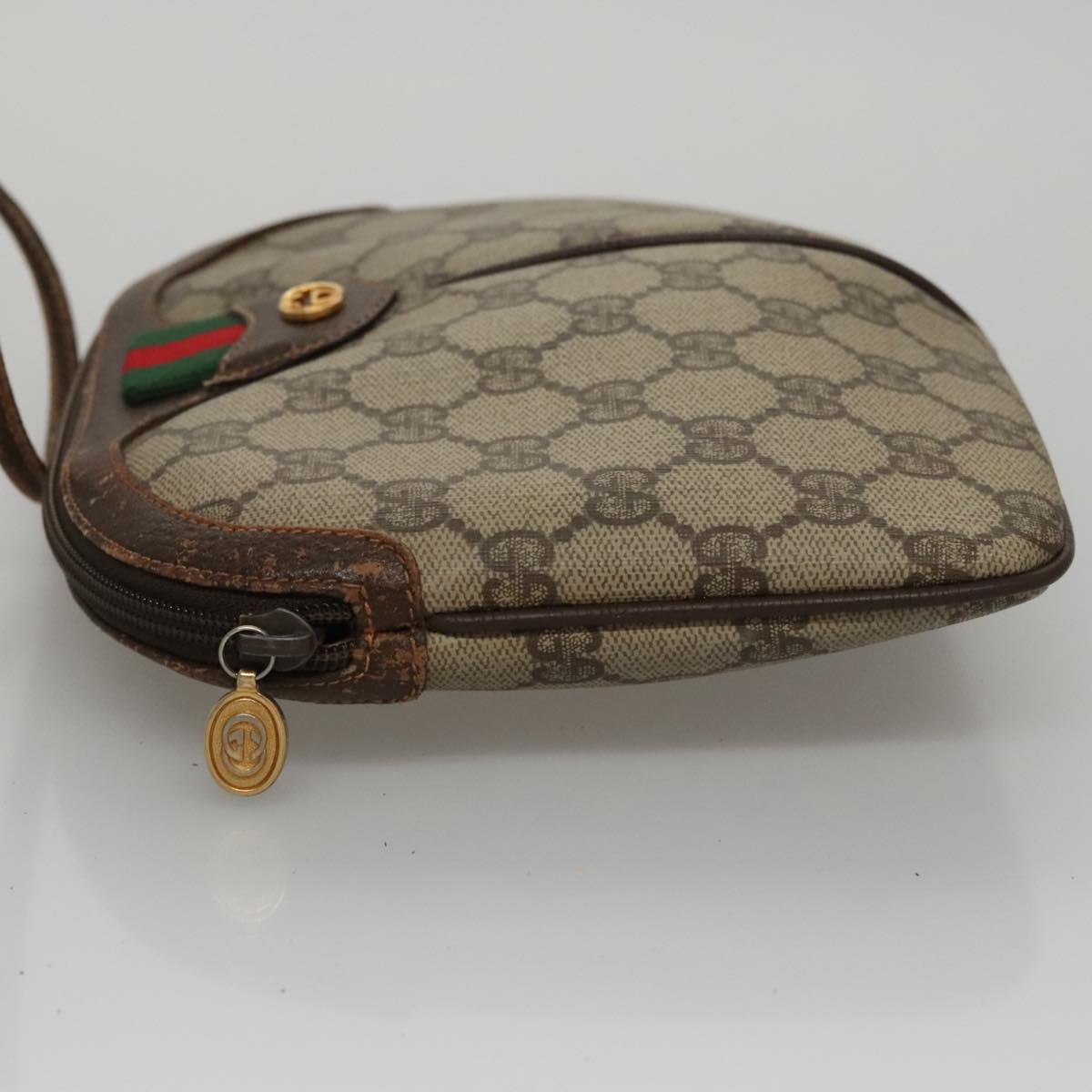 GUCCI Web Sherry Line GG Supreme Shoulder Bag PVC Beige Gold Auth 105717