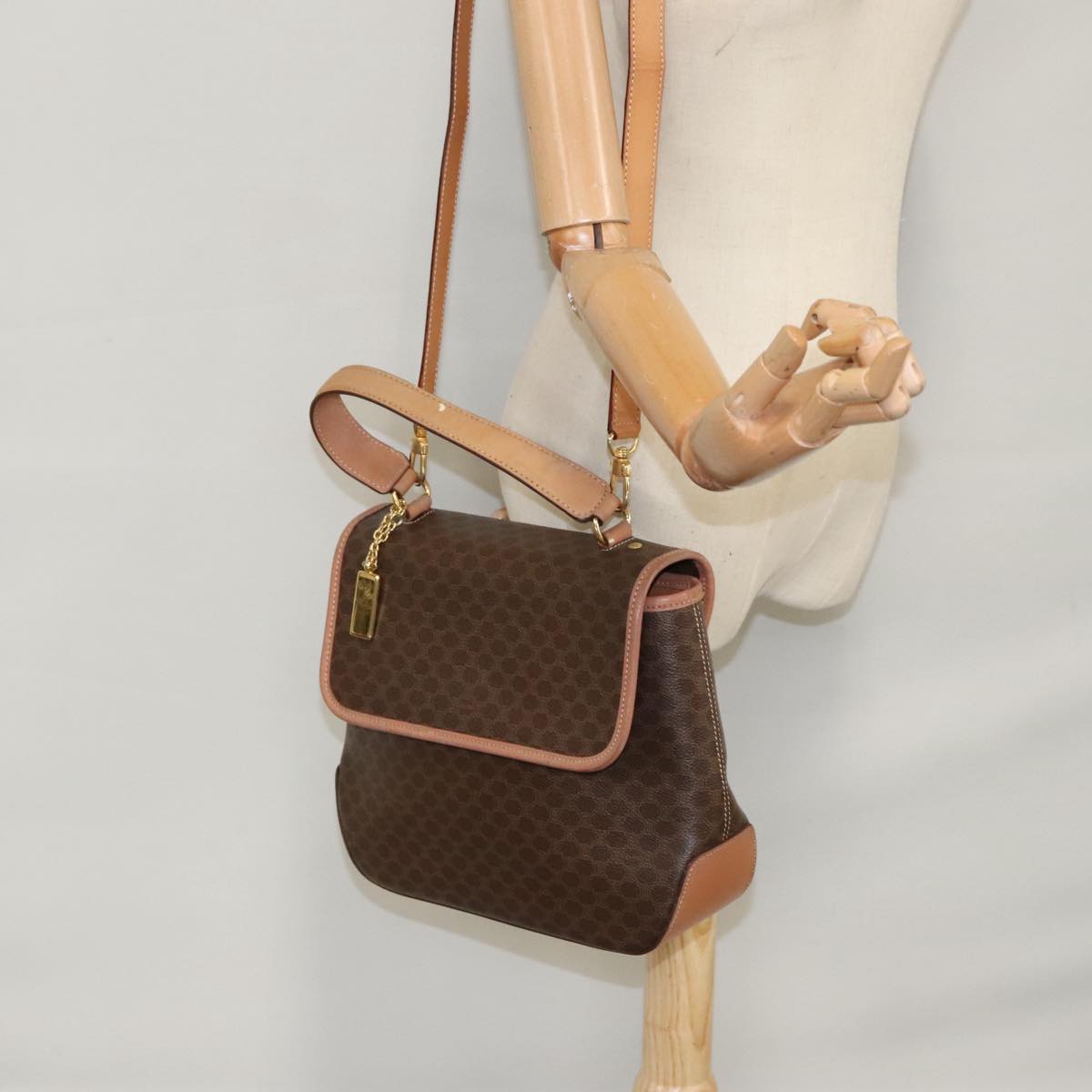 CELINE Macadam Canvas Hand Bag PVC Leather 2way Brown Auth 105732