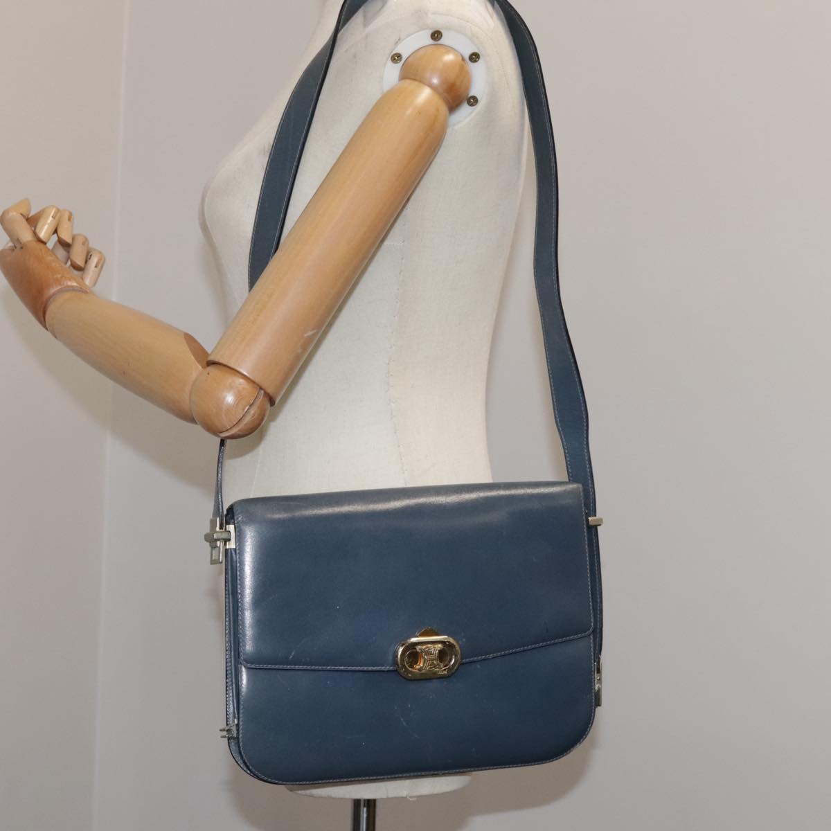 CELINE Shoulder Bag Leather Blue Auth 105737