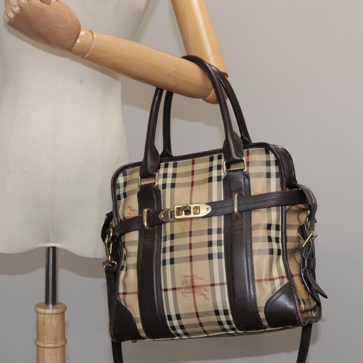 BURBERRY Nova Check Hand Bag PVC Leather 2way Beige Auth 105764