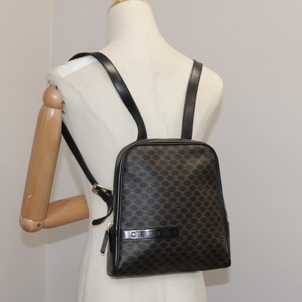 CELINE Macadam Canvas Backpack PVC Leather Black Silver Auth 105774