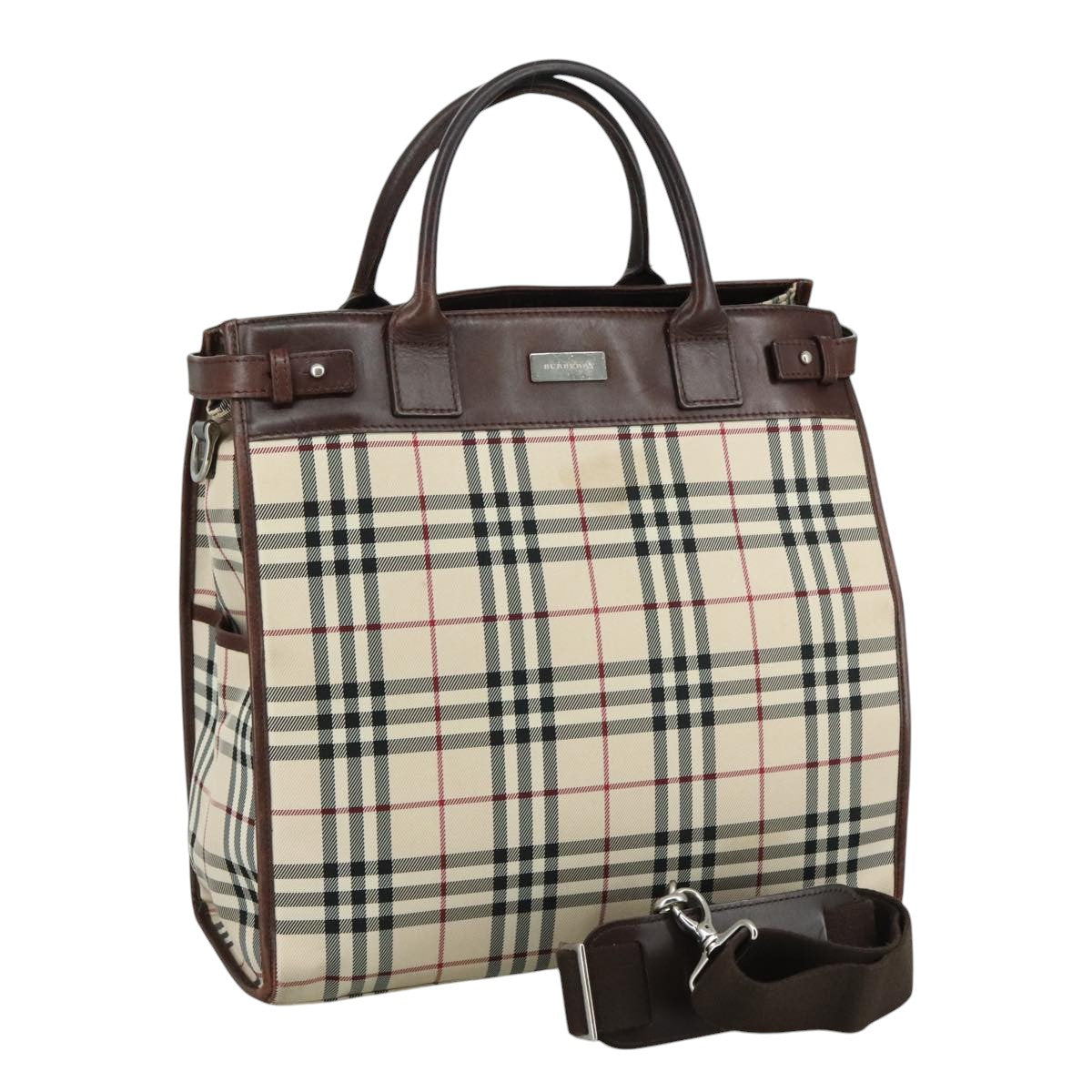 BURBERRY Nova Check Tote Bag Canvas Leather 2way Beige Brown Silver Auth 105869