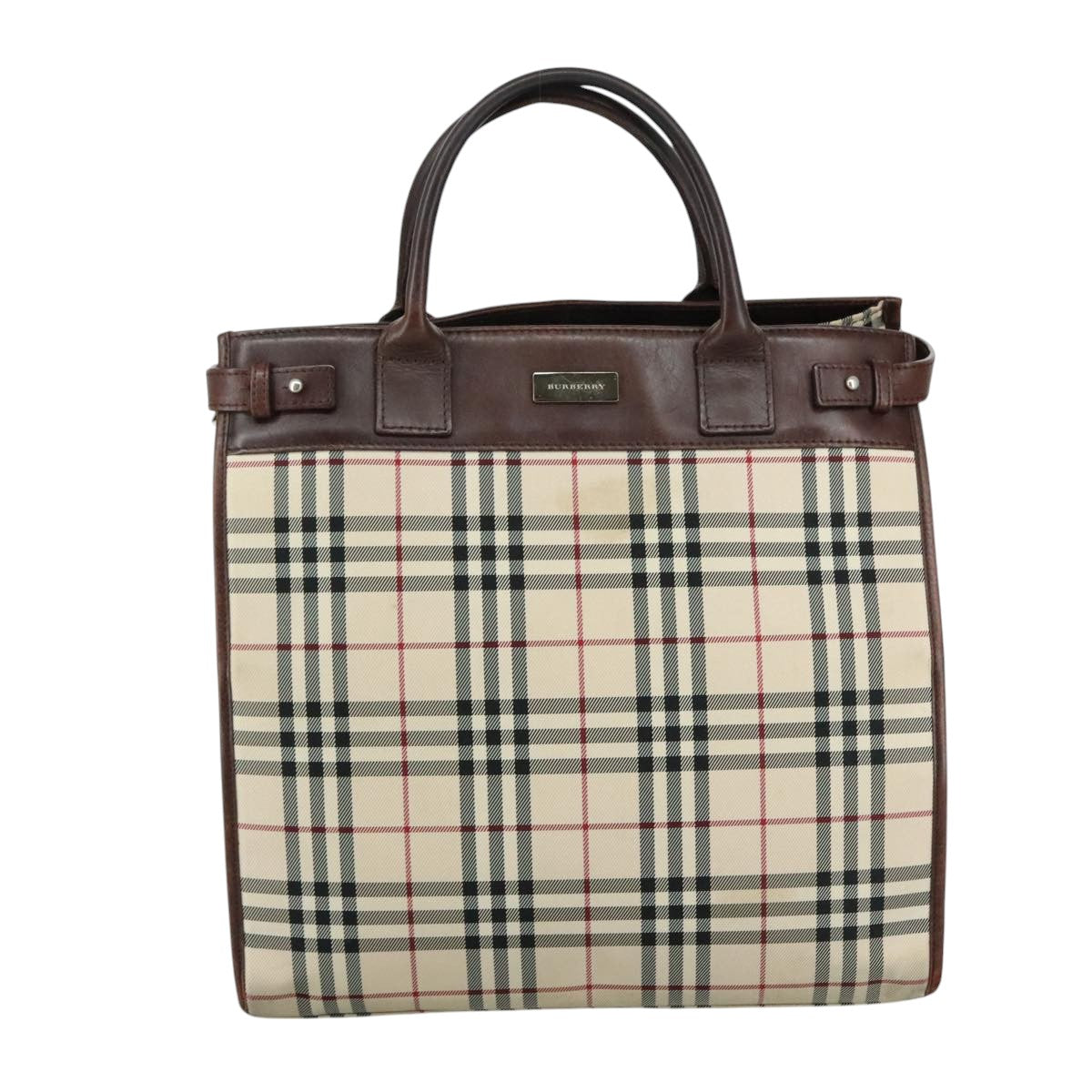 BURBERRY Nova Check Tote Bag Canvas Leather 2way Beige Brown Silver Auth 105869