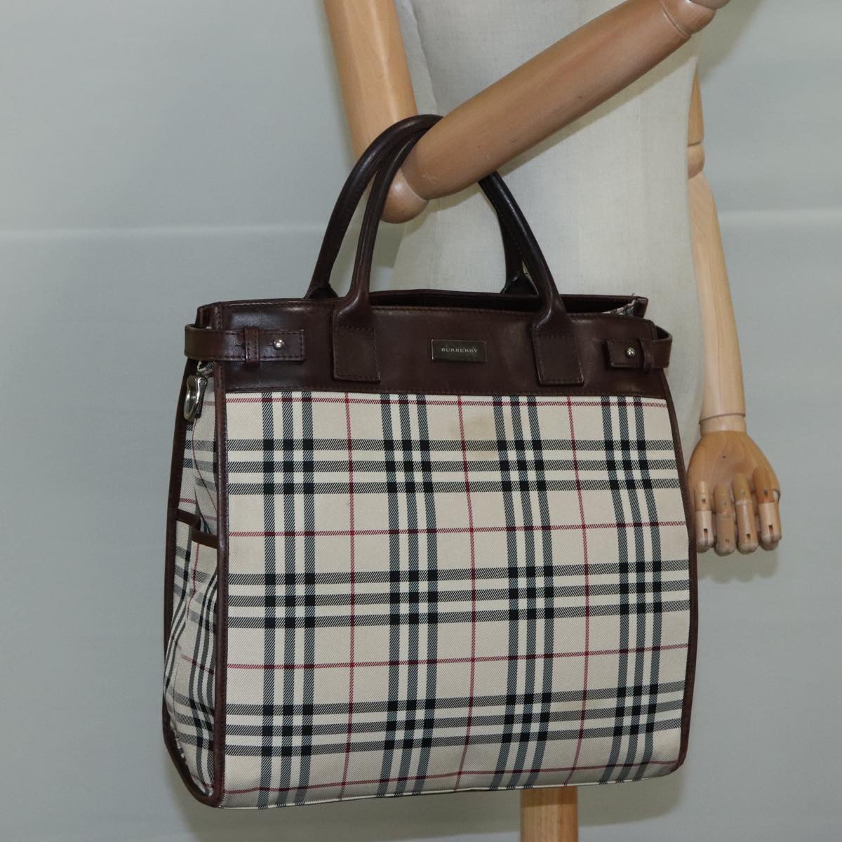 BURBERRY Nova Check Tote Bag Canvas Leather 2way Beige Brown Silver Auth 105869