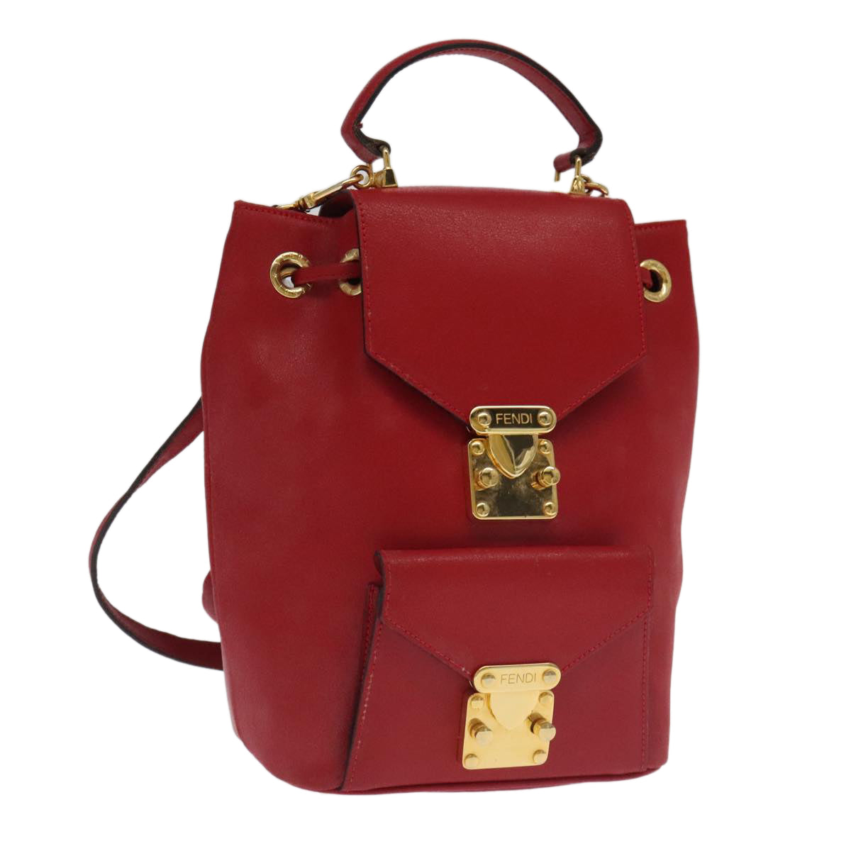 FENDI Backpack Leather Red Gold Auth 106152