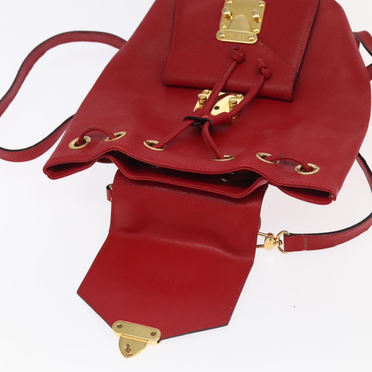 FENDI Backpack Leather Red Gold Auth 106152