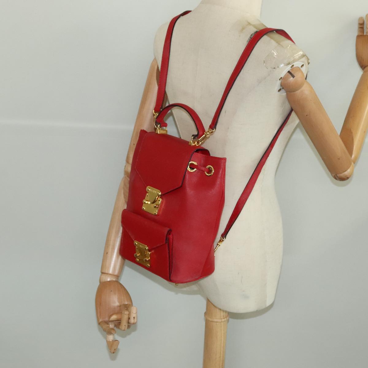 FENDI Backpack Leather Red Gold Auth 106152