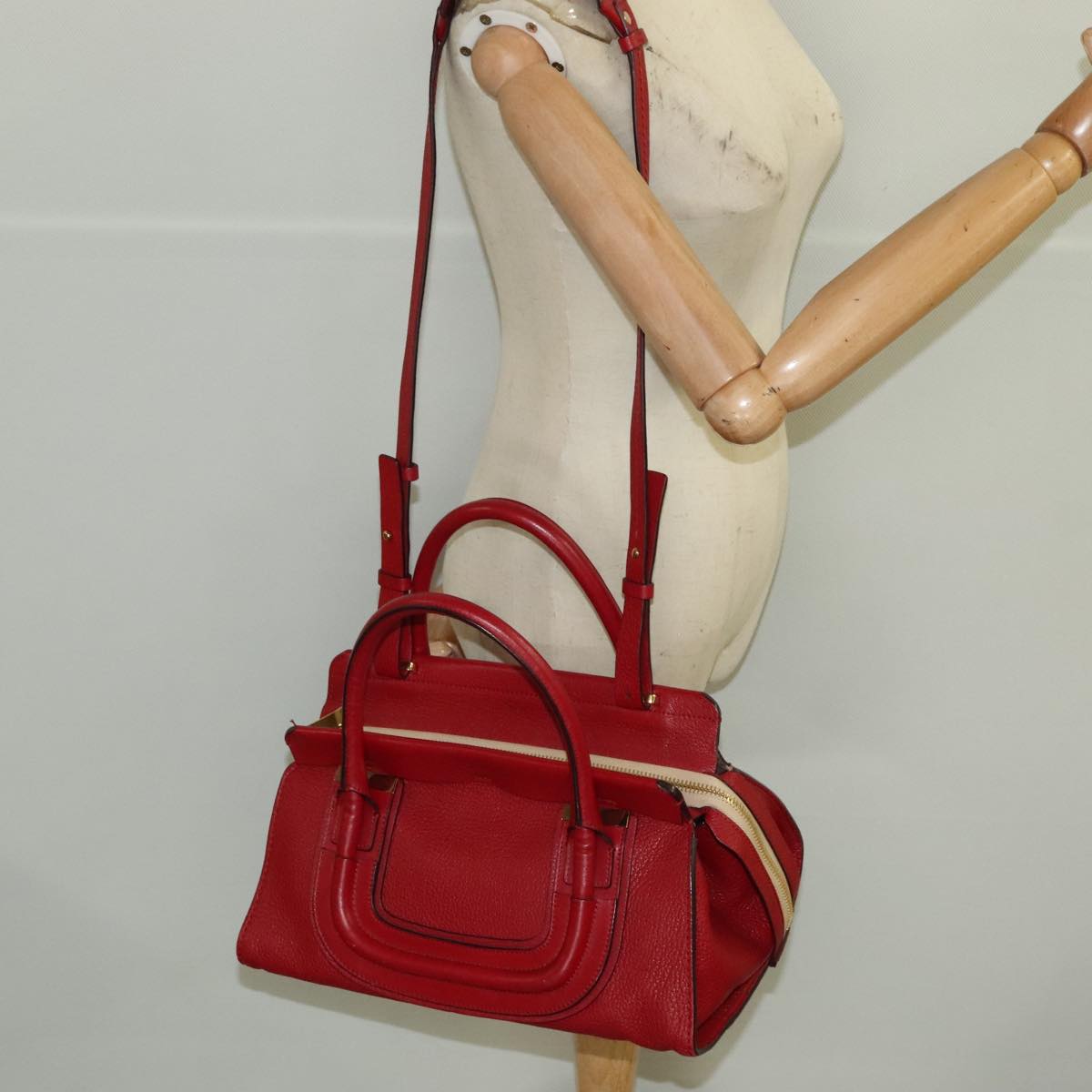 Chloe Mercy Hand Bag Leather 2way Red Gold Auth 106233