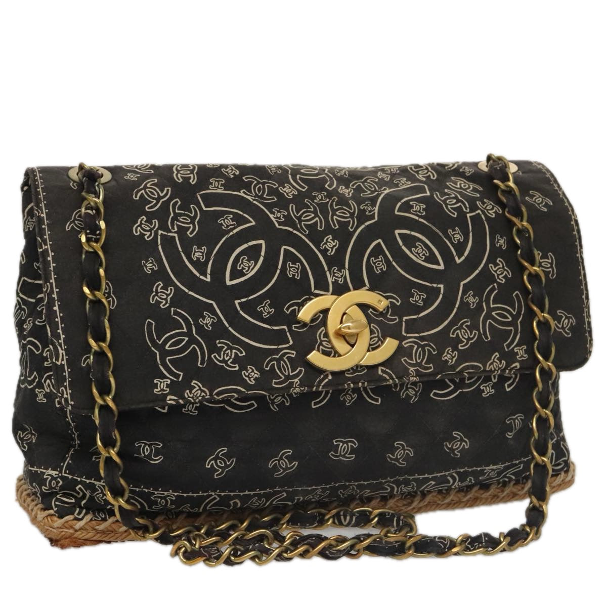 CHANEL Matelasse Chain Bandana Shoulder Bag Canvas Black CC Auth 106419