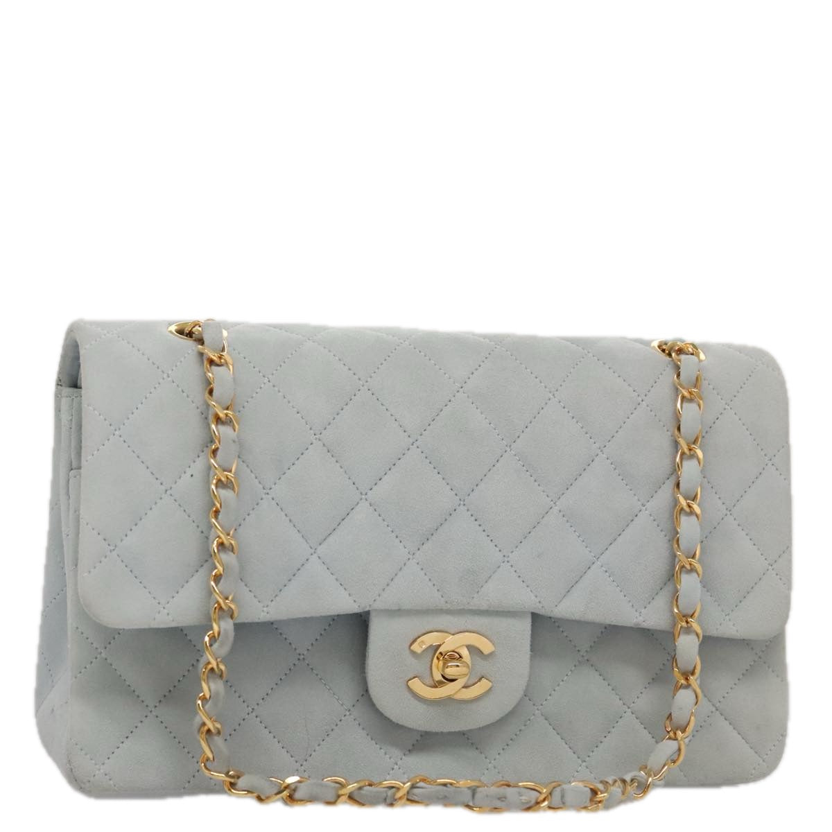 CHANEL Matelasse Chain Shoulder Bag Suede Light Blue Gold CC Auth 106433A