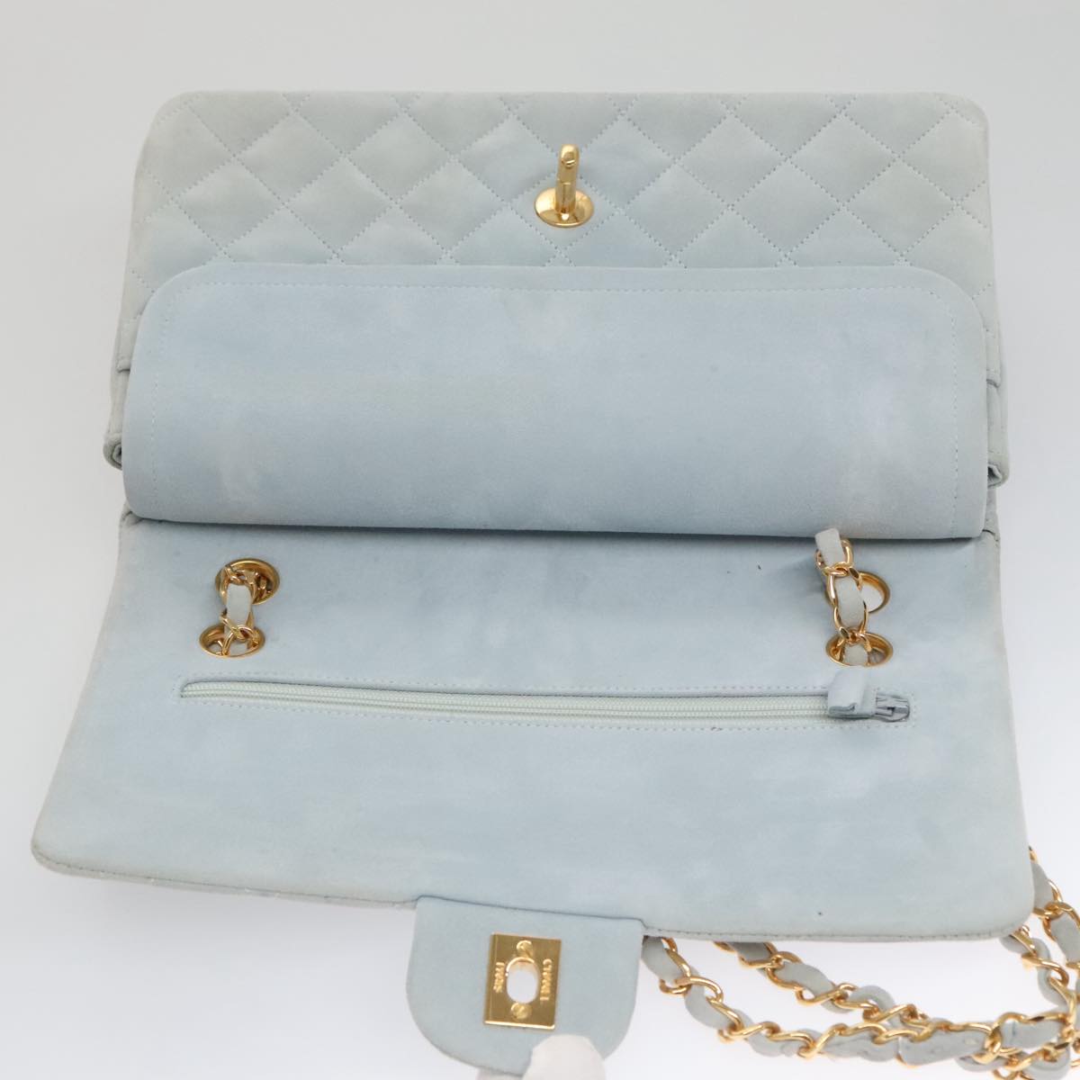 CHANEL Matelasse Chain Shoulder Bag Suede Light Blue Gold CC Auth 106433A