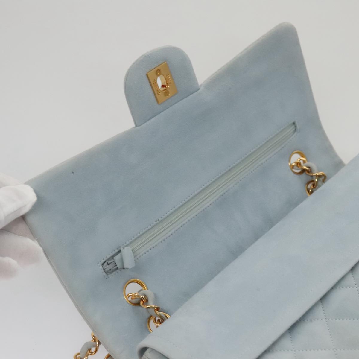 CHANEL Matelasse Chain Shoulder Bag Suede Light Blue Gold CC Auth 106433A