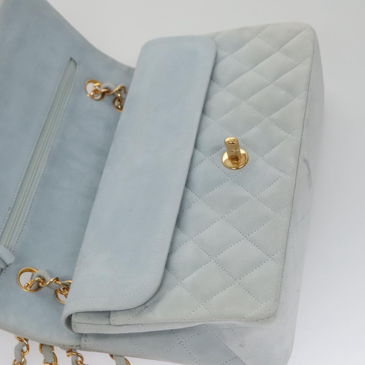 CHANEL Matelasse Chain Shoulder Bag Suede Light Blue Gold CC Auth 106433A