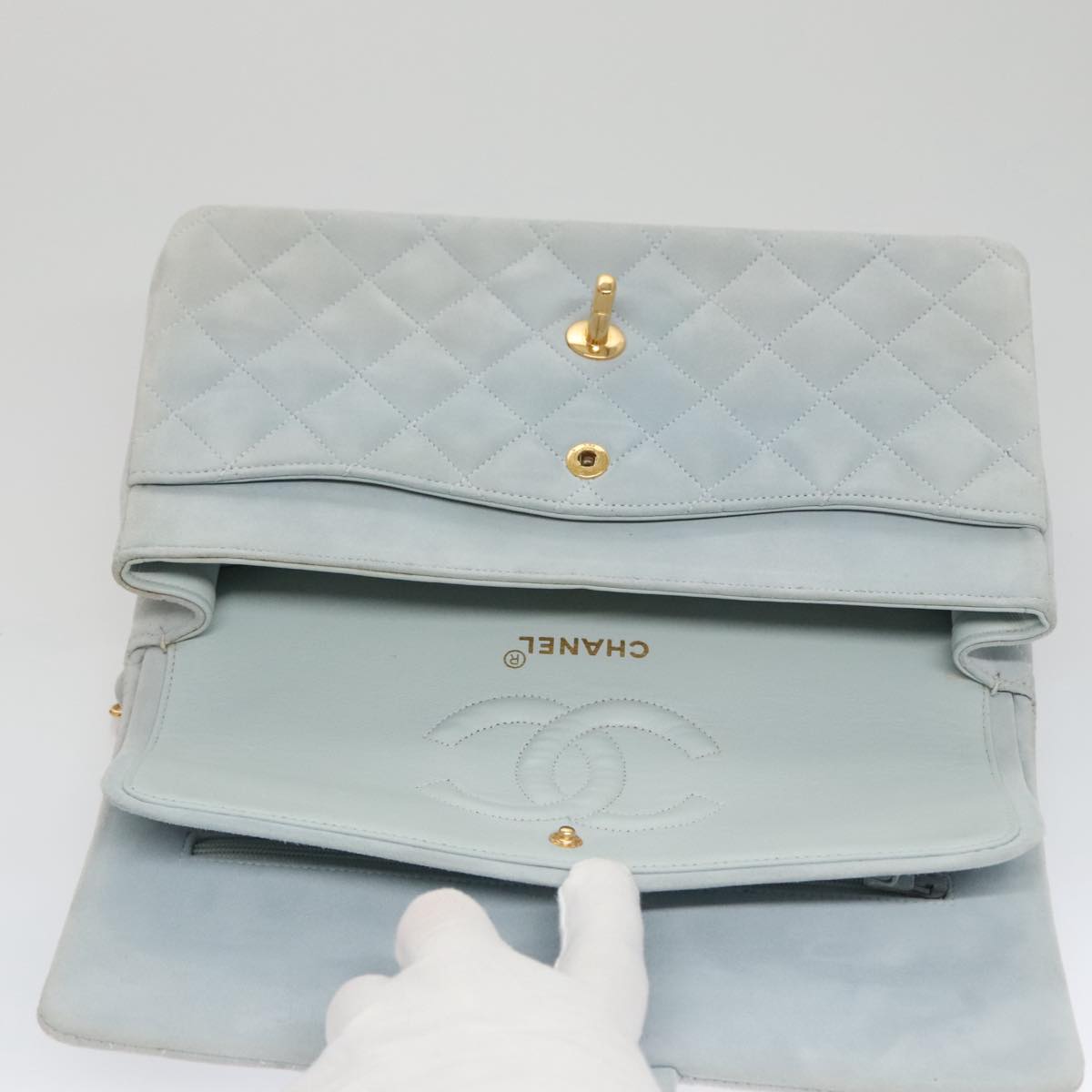 CHANEL Matelasse Chain Shoulder Bag Suede Light Blue Gold CC Auth 106433A