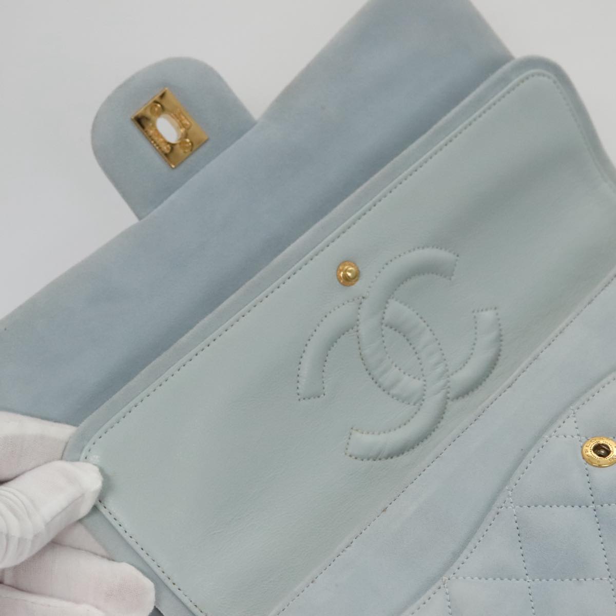 CHANEL Matelasse Chain Shoulder Bag Suede Light Blue Gold CC Auth 106433A