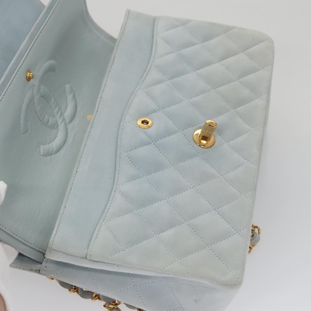 CHANEL Matelasse Chain Shoulder Bag Suede Light Blue Gold CC Auth 106433A